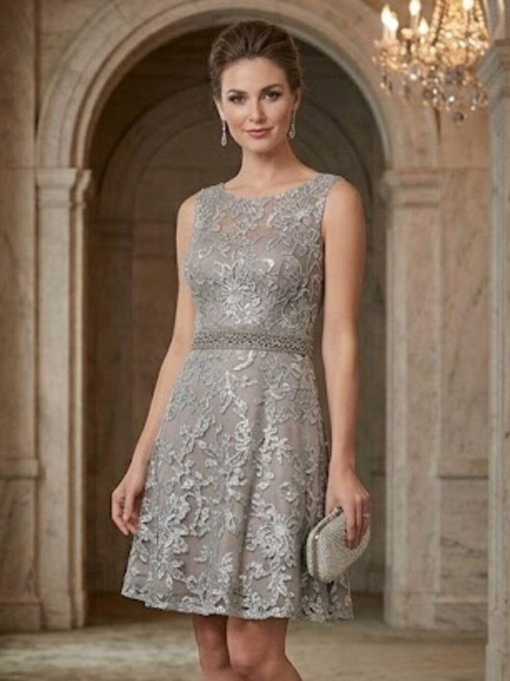 BETSY & ADAM Dress Gray With Silver Sequin Formal Short Dress Size  NWT